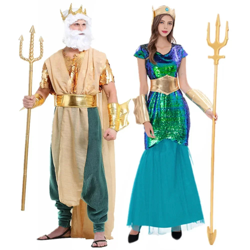 Couple Neptune King Sea Siren Mermaid Queen Costume