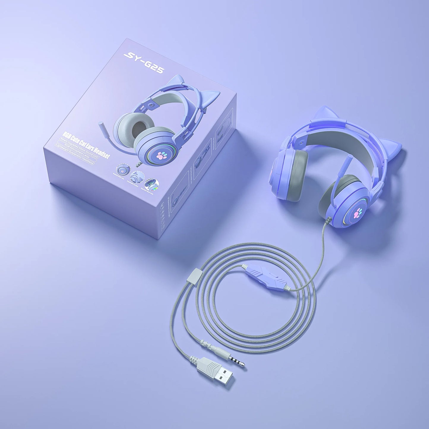 Cat Headphones with Mic for Laptop RGB LED Noise Reduced Stereo