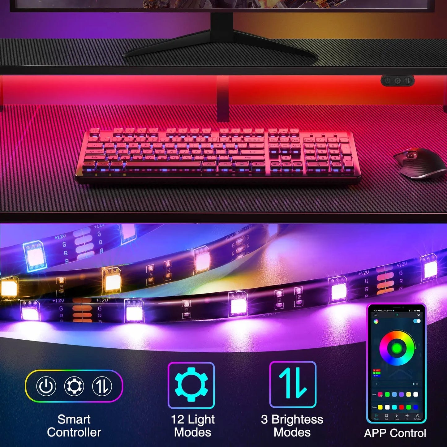L Shaped Gaming Desk with LED Lights & Power Outlets, 50” Reversible Computer Desk with Storage Shelf & Monitor Stand