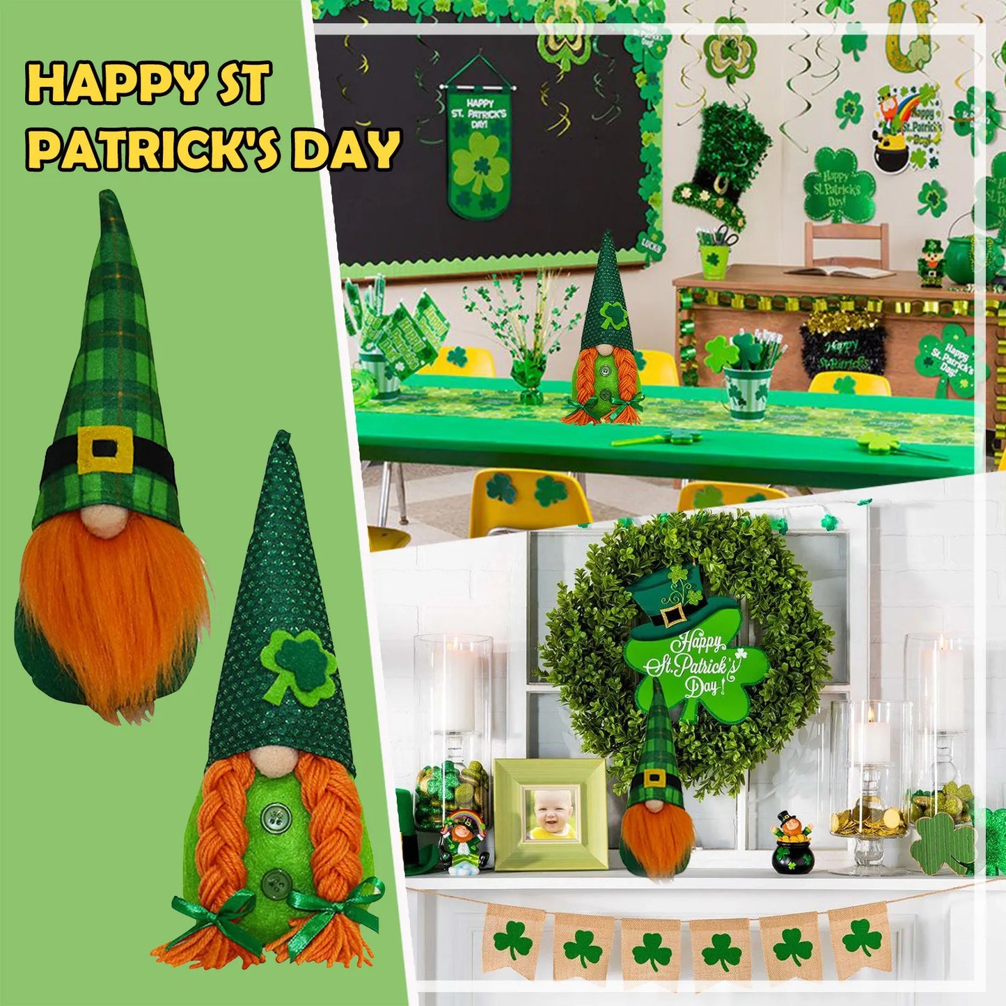 2PC St.Patrick's Day Gnome Green Hat