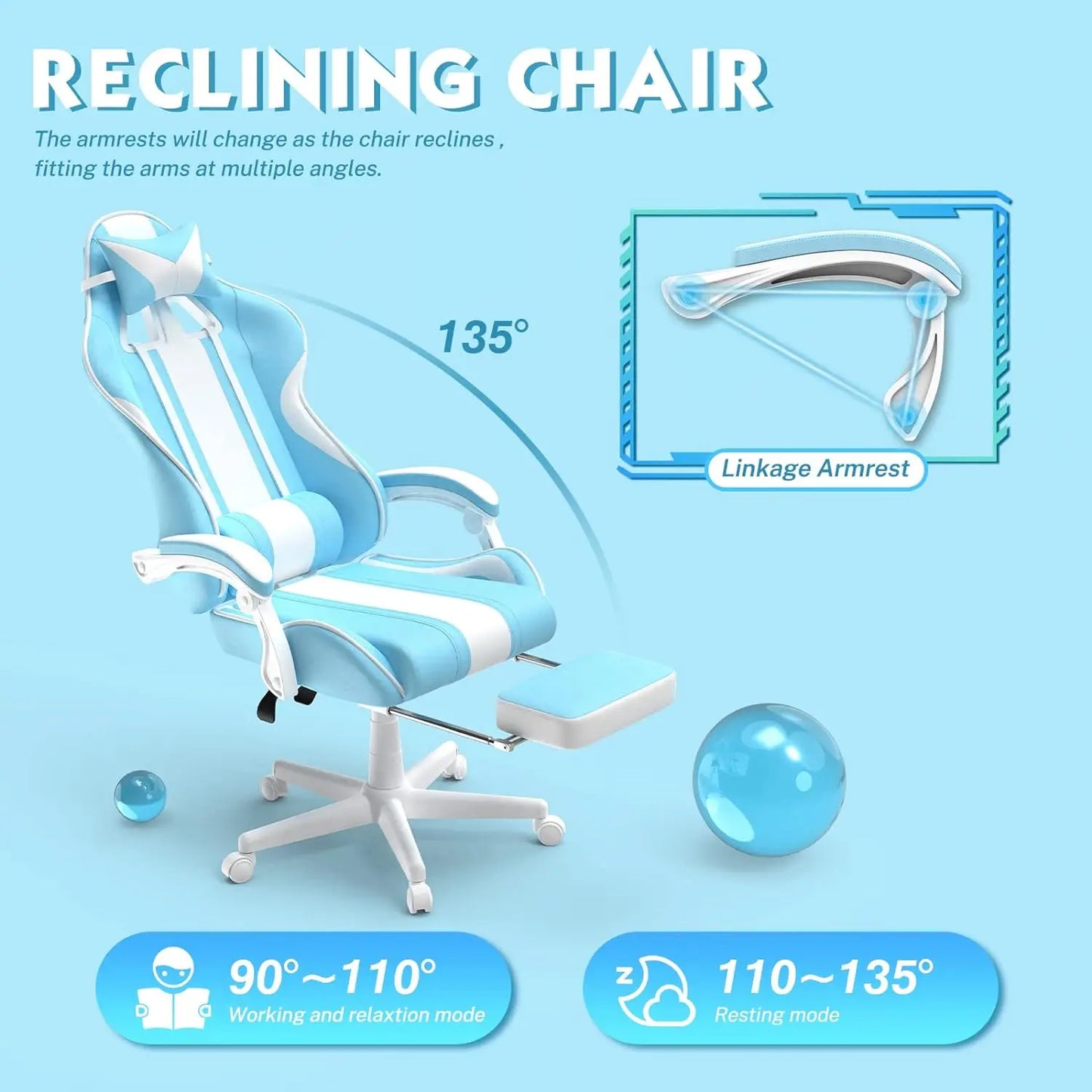 Kawaii Gaming Chair with Bunny Ears, with Footrest and Massage