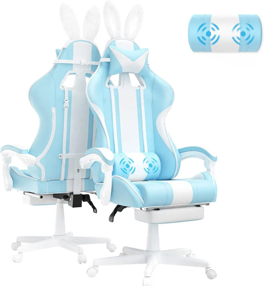 Kawaii Gaming Chair with Bunny Ears, with Footrest and Massage