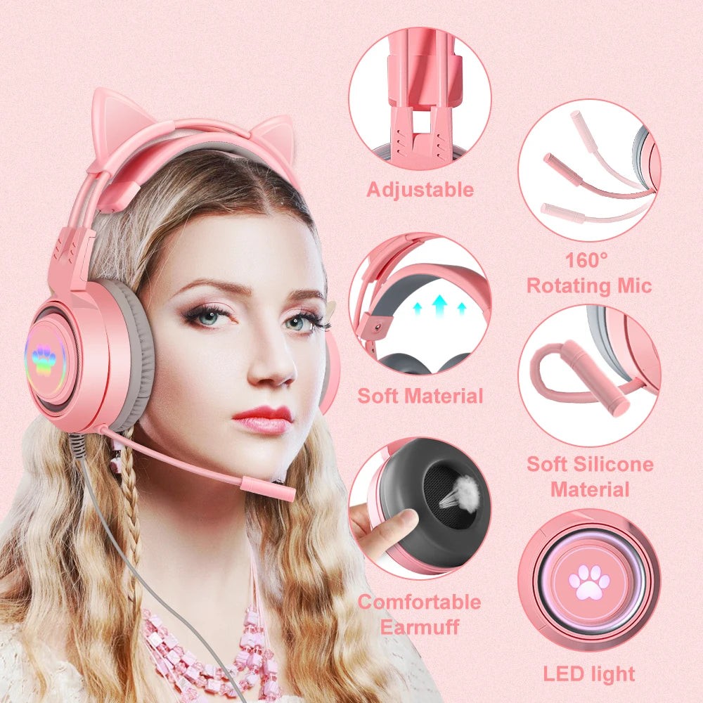 Cat Headphones with Mic for Laptop RGB LED Noise Reduced Stereo